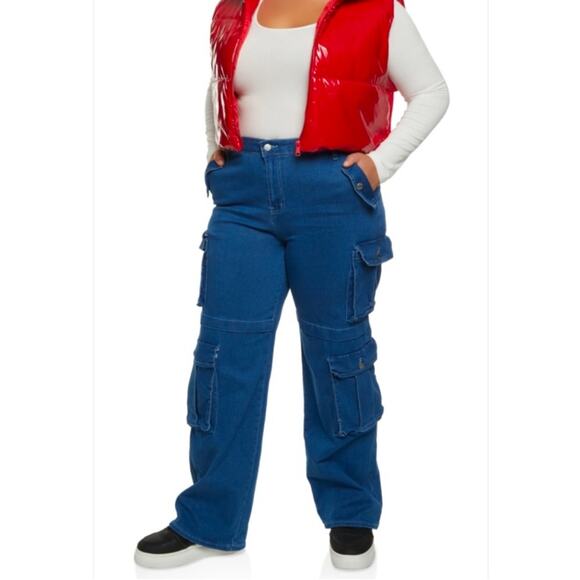New DAISY Wide Leg Cargo Jeans Women’s Plus SIZE 1X Medium Wash - Picture 1 of 10